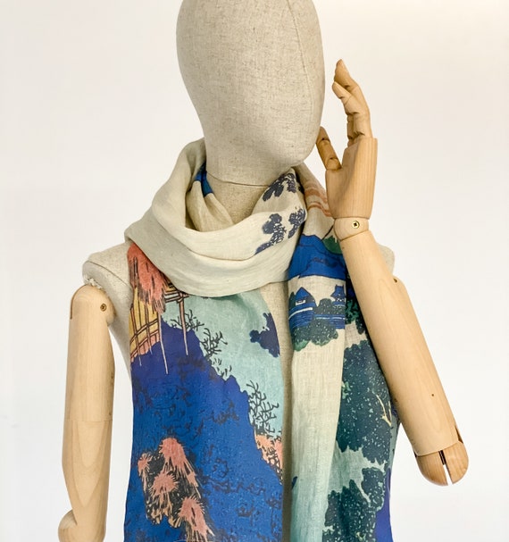 Scarf, Linen scarf, Hokusai, Lake Suwa, Japan art, Wabi sabi, Vintage japan art, blanket scarf, gift for her, boho scarf, gift for mom