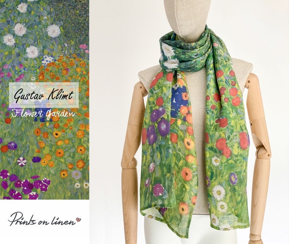 Gustav Klimt, Flower Garden, Linen women Scarf, Linen scarf, blanket scarf, linen shawl, women scarf pattern