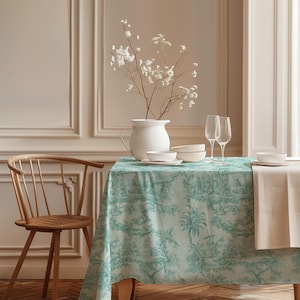 Turkosblå Toile de Jouy linneduk, fransk lantlig stil