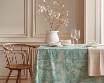 Turquoise Blue Toile de Jouy Linen Tablecloth, French Country Style