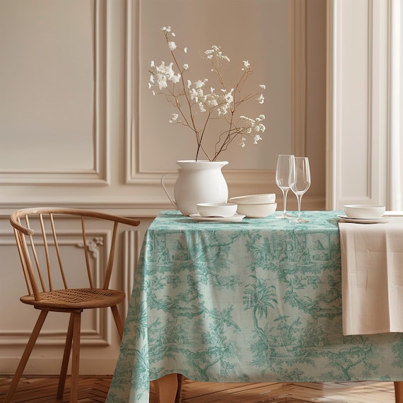 Turquoise Blue Toile de Jouy Linen Tablecloth, French Country Style