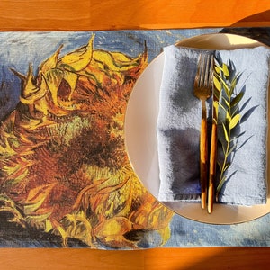 Juegos de manteles individuales, Van Gogh, Girasoles, manteles individuales de lino, 100% lino, Vincent van Gogh, manteles individuales de tela