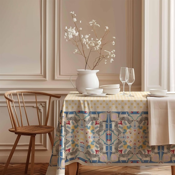 Birthday tablecloth, Circus, Maxfield Parrish, Vintage tablecloth, linen tablecloth,  Zebra, Clown, vintage kids party