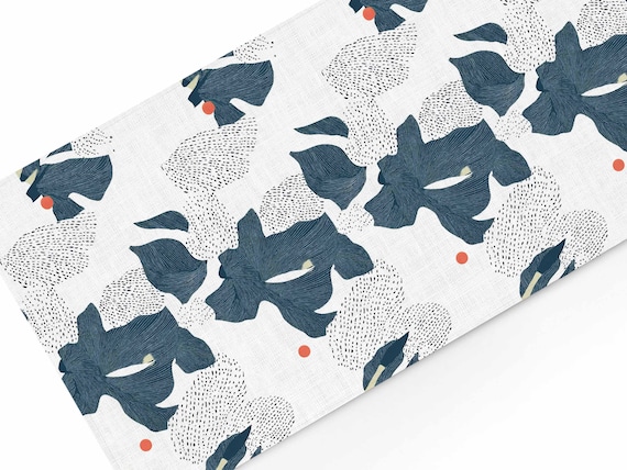 Modern Monstera table runner, Navy Botanical Leaf Pattern, Abstract Tropical Table Decor, Linen Look Fabric Print, Boho Table Setting