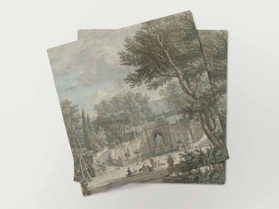 Linen napkins, View of the Garden of Villa d’Este in Tivoli, Isaac de Moucheron, c. 1725, fabric napkins, toile napkins, blue white napkins