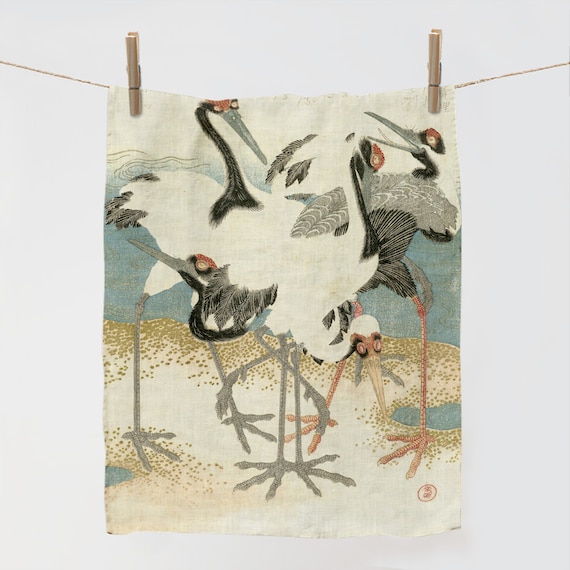 Kraanvogels aan het water, Kubota Shunman, Kitchen towel, tea towel, linen towel, 100% linen, Japan towel, linen kitchen towel, LINENISLOVE