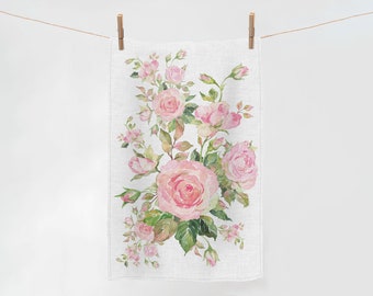 Blommig kökshandduk i linne, design med eviga blommor och rosor