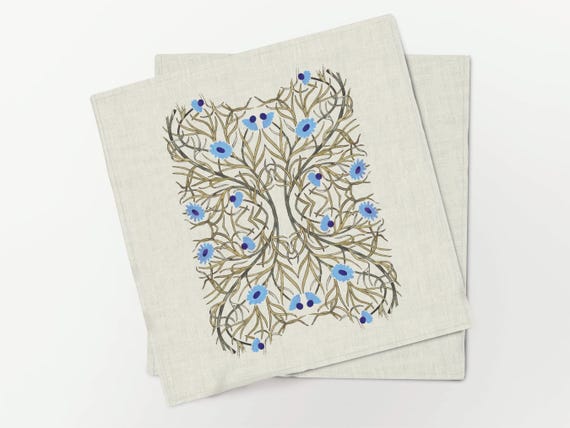 William De Morgan Linen Napkins Set, Blue Edition, Vintage Table Decor, 100% Linen