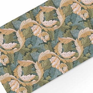 May include: A repeating pattern of stylised leaves in shades of green, brown, and cream. The leaves are arranged in a swirling, organic design.