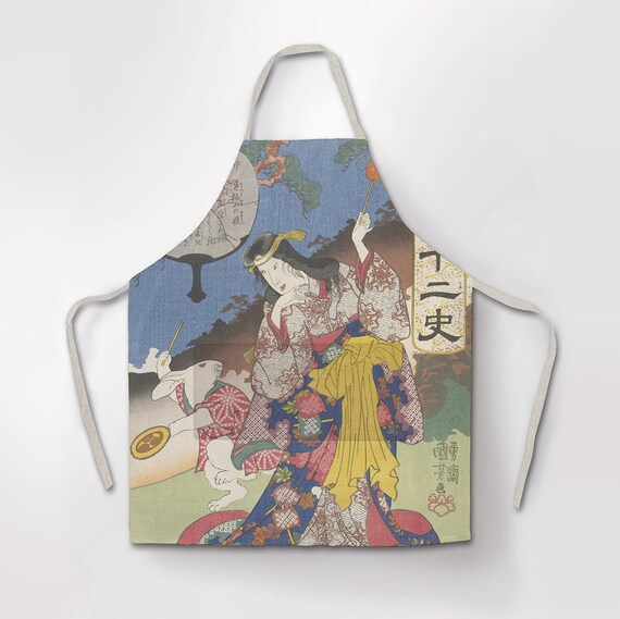 Linen apron, Teken van de haas, Utagawa Kuniyoshi  1830-1840, 100% linen apron, apron wholesale, cross back apron, apron with pocket