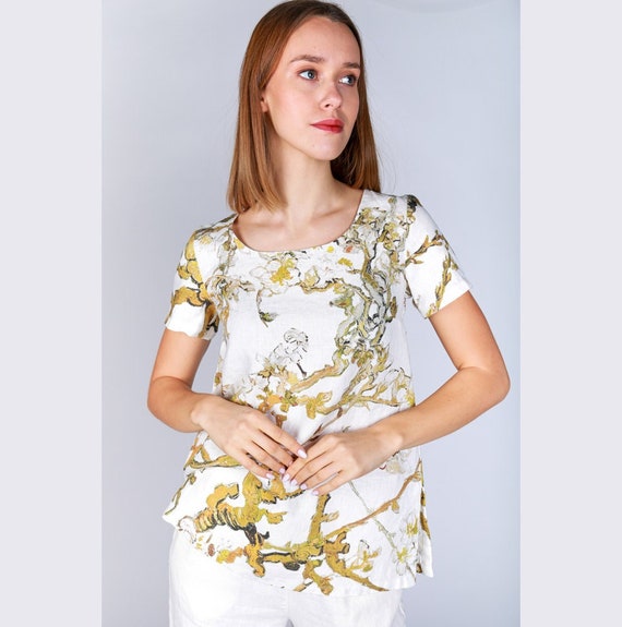 Women's top, Vincent van Gogh, Almond Blossom, White linen top, casual blouse, Women's linen top, Van Gogh shirt