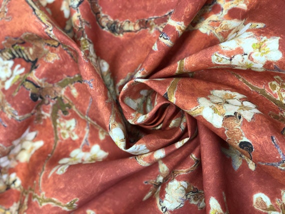 Copper red, Vincent van Gogh, Almond Blossom, fabric by meters, fabric by yards, 100% linen, wholesale, linen fabric, dress fabric