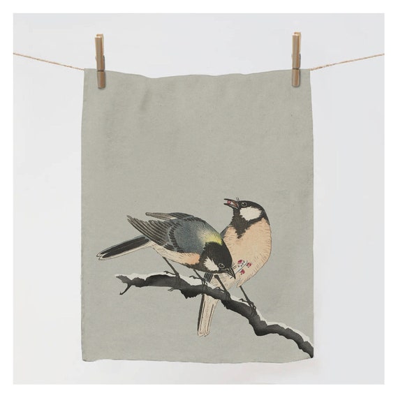 Kitchen towel, Winter & Birds, Ohara Koson, linen towel, dish towel, Winter towel, Vintage Japan art, 100% linen