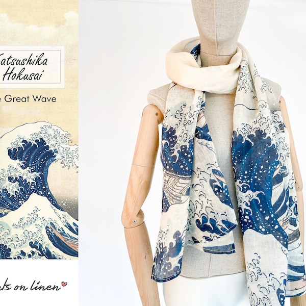 Écharpe femme, Grande Vague, Écharpe en lin, Katsushika Hokusai, écharpe femme en lin, Hokusai Great Wave, Écharpe d'été