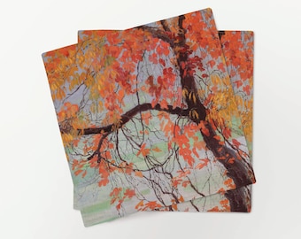 Linen Napkins Set, Autumn leaves (1912) by Edward Okuń, Fall Home Decor, 100% Linen, Handmade in Lithuania