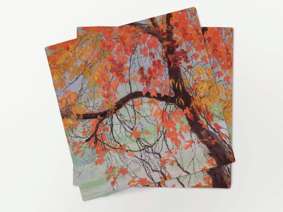 Linen Napkins Set, Autumn leaves (1912) by Edward Okuń, Fall Home Decor, 100% Linen, Handmade in Lithuania