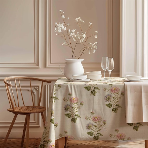 Tablecloth, Aster, Vintage flower pattern, vintage decor, 100% linen, matching tablecloth, Farmhouse decor, by Linenislove