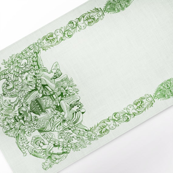 Table runner, Owen Jones, Linen table runner, Toile de jouy, Green toile de jouy, mint background, 100% linen, vintage pattern print