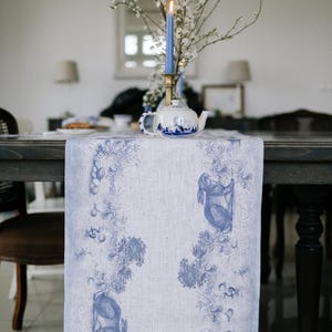 Toile de Jouy de Pâques, chemin de table, chemin de table en lin, lapin de Pâques, oeufs de Pâques, chemin de table de Pâques, Toile de Jouy, tissu 100 % lin