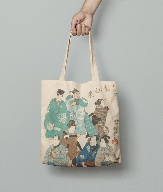 Tote bag, Celebrating Spring, Utagawa Kuniyoshi, personalized bag, custom tote bag, Japanese art, Utamaro, linen tote, 100% linen
