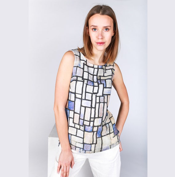 Linen top, Piet Mondrian, Composition, Linen shirt, linen blouse, Mondrian shirt, sleeveless shirt, women shirt, shirt print, Art shirt