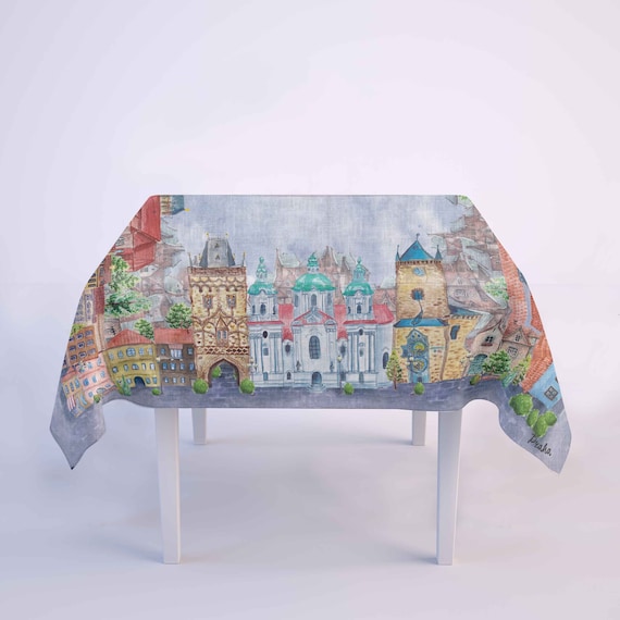Prague, linen tablecloth , Prague print, Czech republic, Prague art, Prague gift, Prague decor, Prague cityscape, Watercolour painting