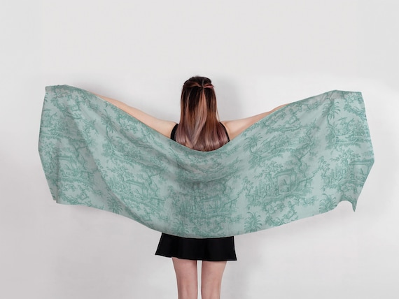 Toile Linen Scarf, Elegant Artistry for Timeless Style, toile de Jouy, Turquoise Blue Edition
