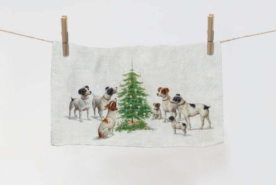 Kitchen towel, Christmas, Carl Reichert (Austrian, 1836-1918), linen towel, Christmas towel, dog print