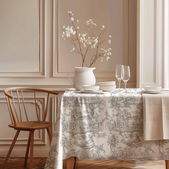 Tablecloth, Toile de Jouy, Grey, Vintage pattern, 100% linen
