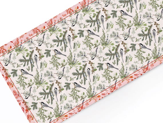 Table runner, Nordic Birds, Winter table runner, Botanical decor, 100% linen