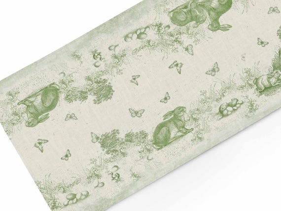 Easter Toile de Jouy Linen Table Runner, Easter Bunny, Green