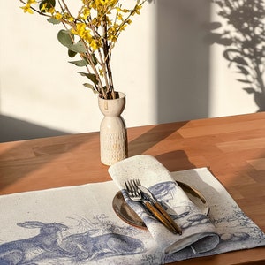 Toile de Jouy Rabbit Easter Placemats, 100% Linen