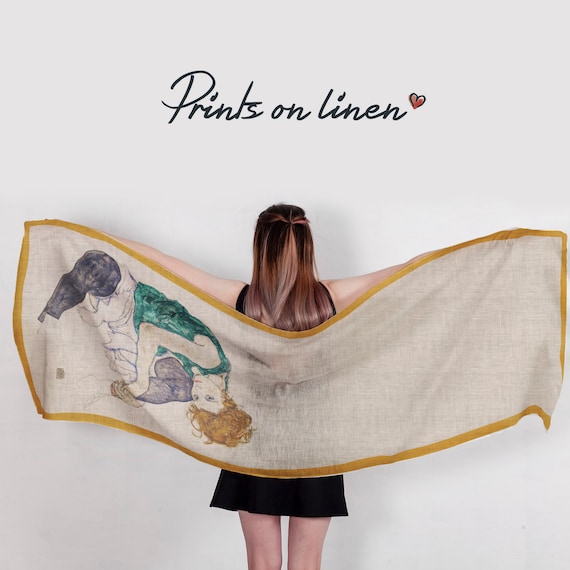 Women scarf, Egon Schiele, Seated Woman, 100% linen, Linen scarf, blanket scarf, linen shawl, vintage scarf, boho scarf, custom scarf