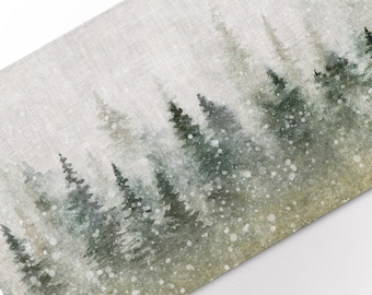 Table runner, Magical Christmas landscape, Watercolor Christmas, Forest, linen table runner, 100% linen