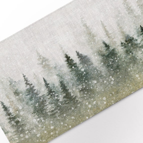 Table runner, Magical Christmas landscape, Watercolor Christmas, Forest, linen table runner, 100% linen