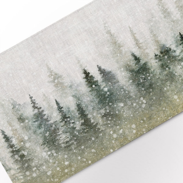 Table runner, Magical Christmas landscape, Watercolor Christmas, Forest, linen table runner, 100% linen