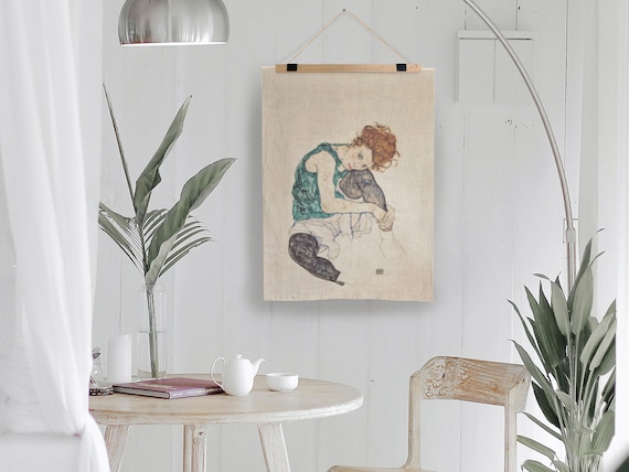 Wall tapestry, Egon Schiele, bamboo hanger, 100% linen, fabric tapestry, wall decor, linen tapestry