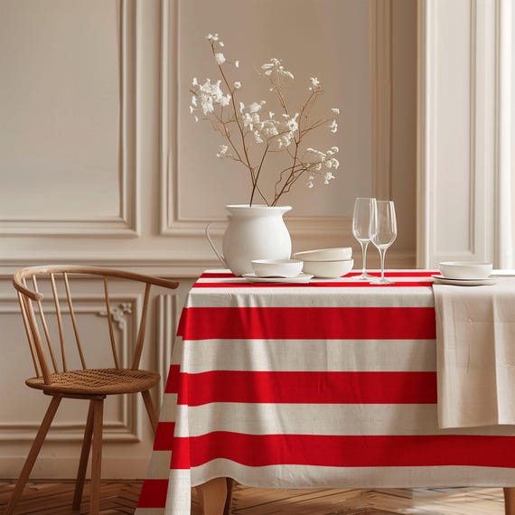 Wide Linen Tablecloth, Classic Red Stripes, 100% linen fabric