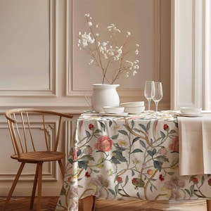 Peut inclure: Une table à manger avec une nappe à motifs floraux avec des roses roses, des feuilles vertes et des accents rouges. La table est dressée avec de la vaisselle blanche, des verres à vin et un vase blanc avec des fleurs blanches.