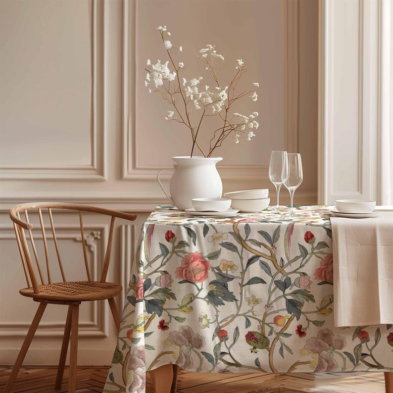 May include: A dining table set with a floral tablecloth featuring pink roses, green leaves, and red accents. The table is set with white dishes, wine glasses, and a white vase with white flowers. A wooden chair is on the left.