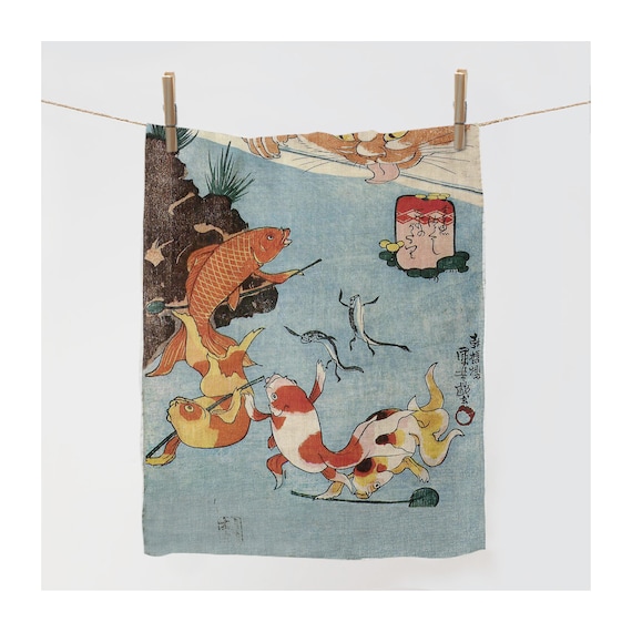 Utagawa Kuniyoshi, Cat and Goldfish from the series One Hundred Tales, Kitchen towel, 17" x 27", linen towel, 100% linen, towel with hook