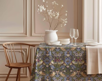 William Morris, Tablecloth, Strawberry Thief, Vintage flower pattern, 100% linen