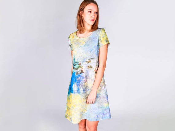 Claude Monet Pastel Linen Dress, Short Sleeve Art Tunic, 100% linen