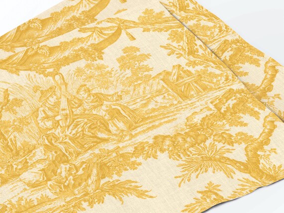 Yellow Toile de Jouy Linen Placemats Set, French Country Dining