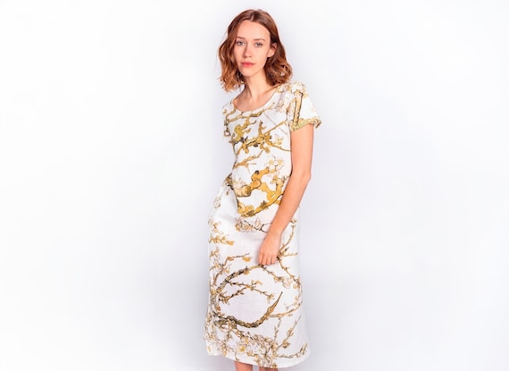 Linen Van Gogh Almond Blossom Dress, White  Edition, 100% Linen, Handmade