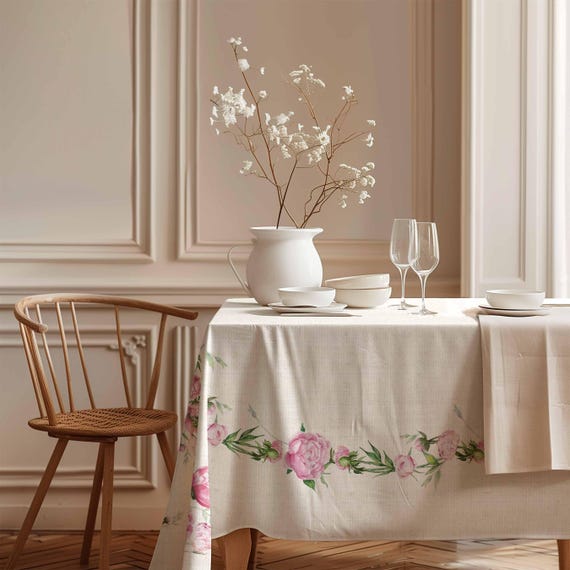 Linen tablecloth, Pink Peonies, 100% linen fabric