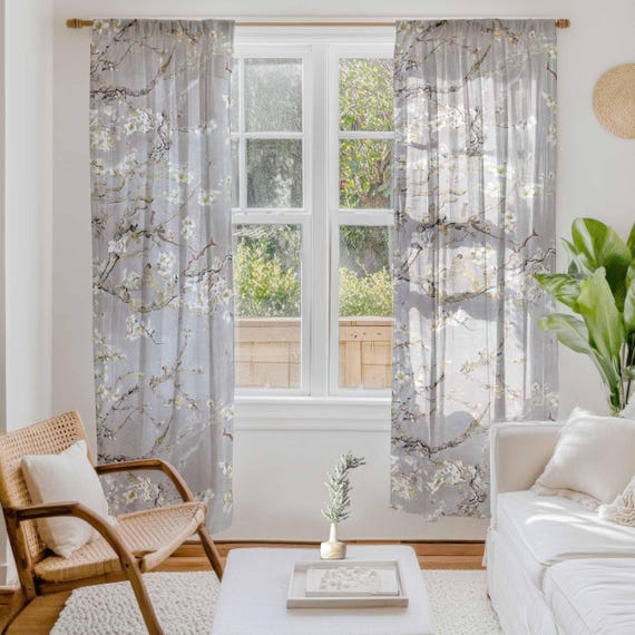 Curtains, Van Gogh, Almond Blossom, Silver Grey, linen curtains, 100% linen, rod pocket, Custom curtains, window curtains