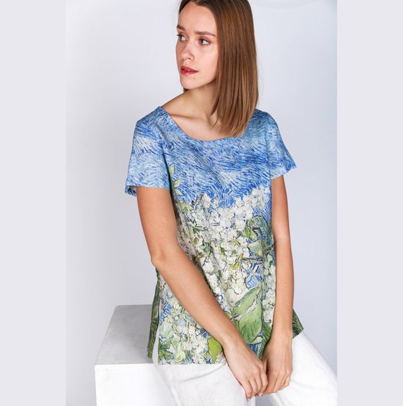 Women top, Van Gogh, Blossoming Chestnut Branches, Summer linen blouse, Breathable linen blouse, Natural fiber