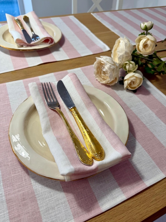 Pink Striped Linen Napkins Set, Scandinavian Minimalist Table Decor
