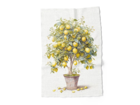 Kitchen towel, Lemon Tree in a Pot, linen towel, hand towel, 100% linen, vintage kitchen decor, vintage towel